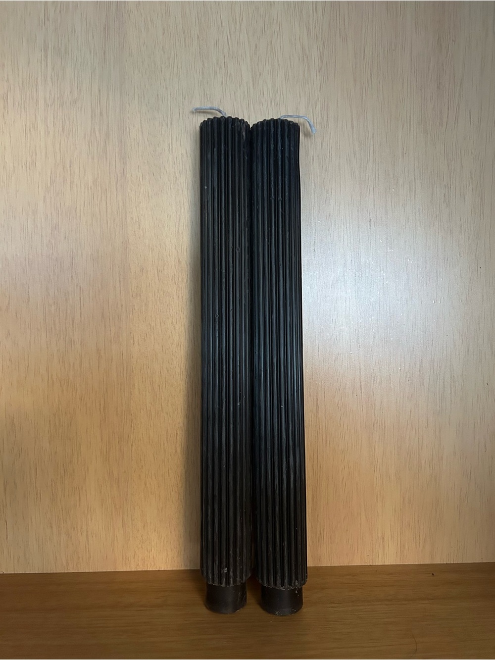Set of Two Black Ribbed Taper Candles